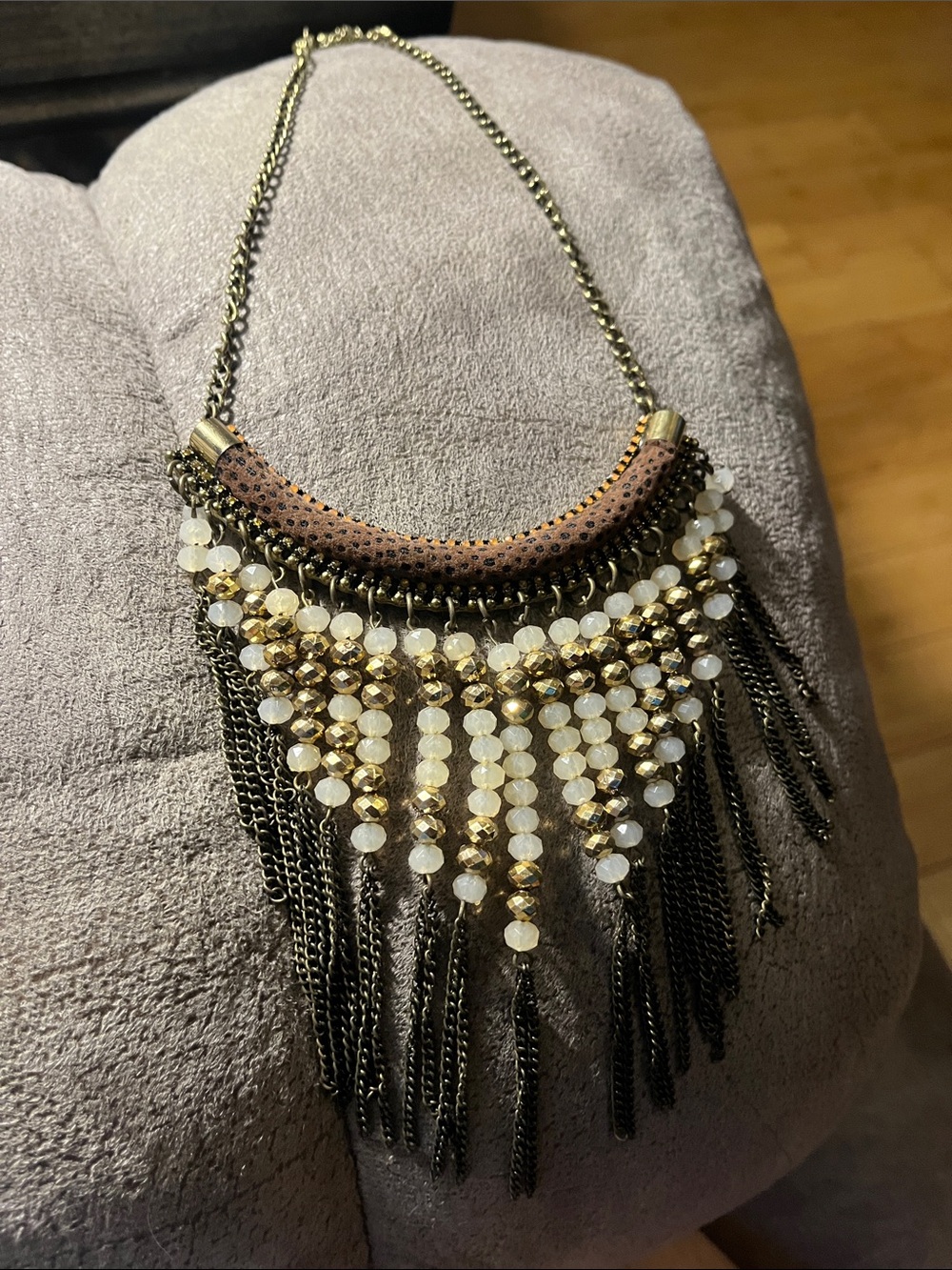 Statement Fringe Bib Necklace in Gold and Cream 1988